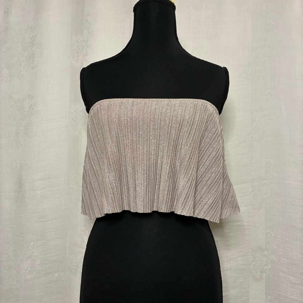 Metallic Pleated Crop Top Champagne Shimmer Bandeau Lace Trim M
